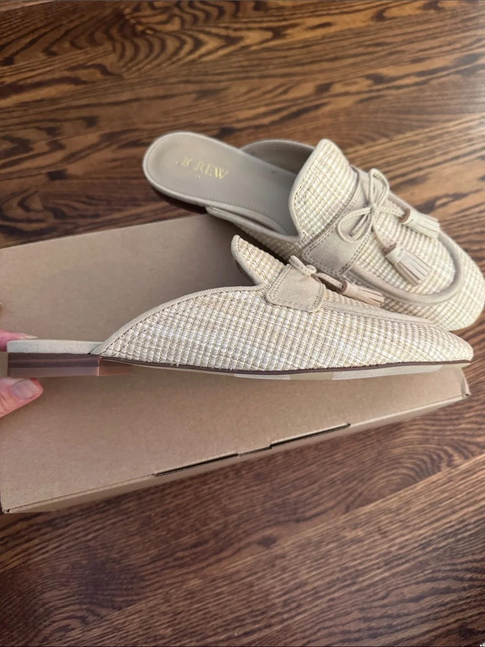 J. Crew Blonde Natural Raffia Woven Tassel Mules. New, in box. Size 9.